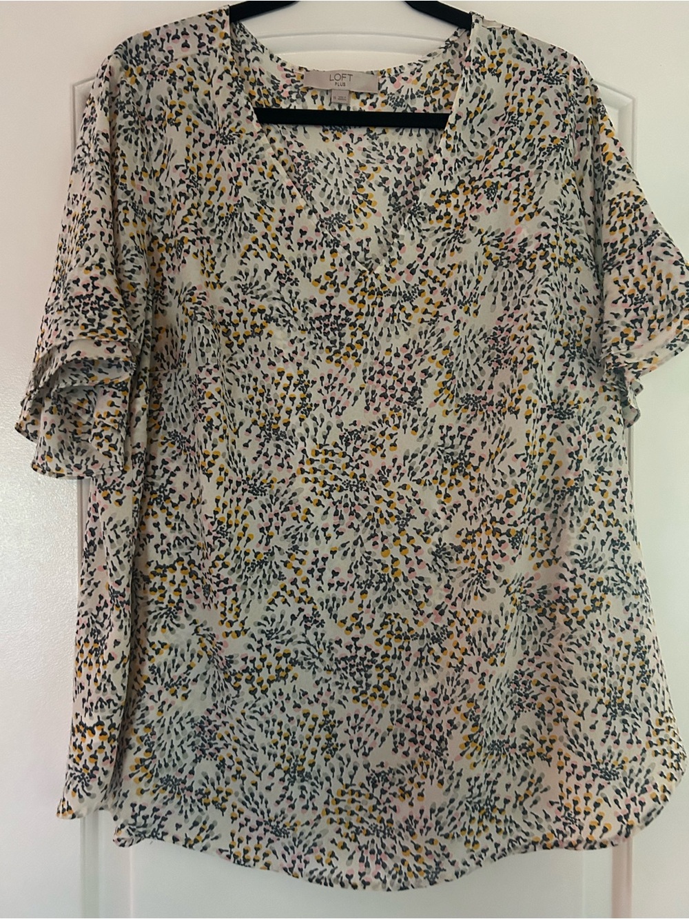 LOFT Cream V-Neck Short Ruffle Sleeve Blouse with Yellow and Green Floral